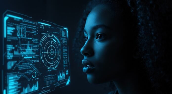 Data analysis and future technology interface screen with a woman