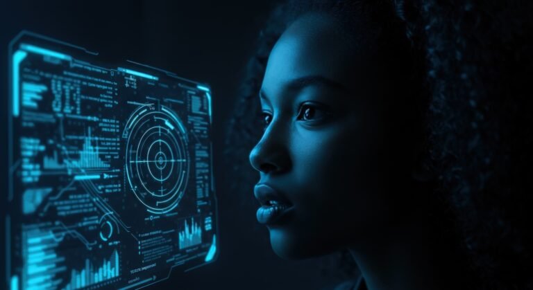 Data analysis and future technology interface screen with a woman