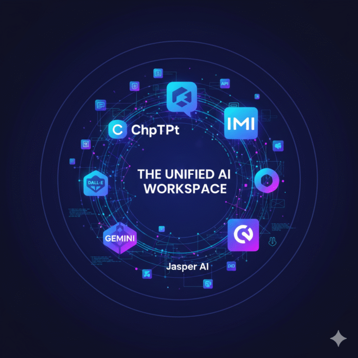 ai-chatgpt-Gemini-Copilot A comparison visualization showing different AI tools working together (ChatGPT, Copilot, Gemini, Jasper) in a unified workspace. Show icons or logos of major tools arranged in a collaborative ecosystem. Colors: Modern tech palette with blues and purples.