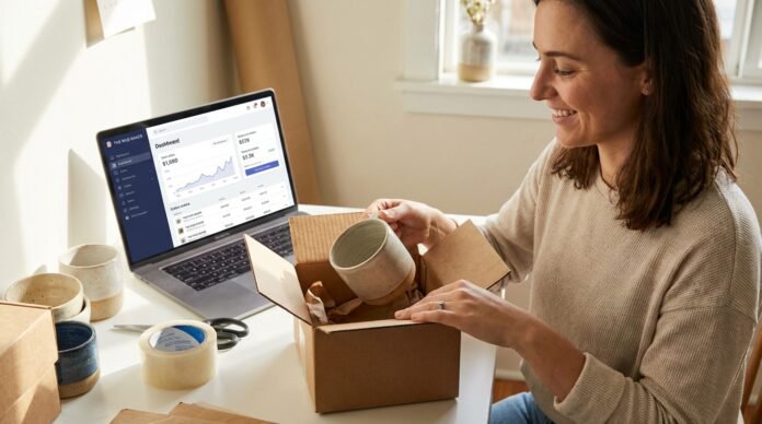A small business owner packing a shipping box with a laptop in the background showing their website dashboard.