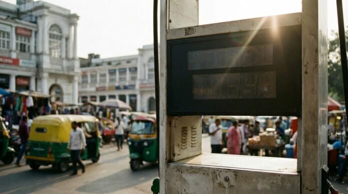 Digital display of petrol price at a fuel station in India.