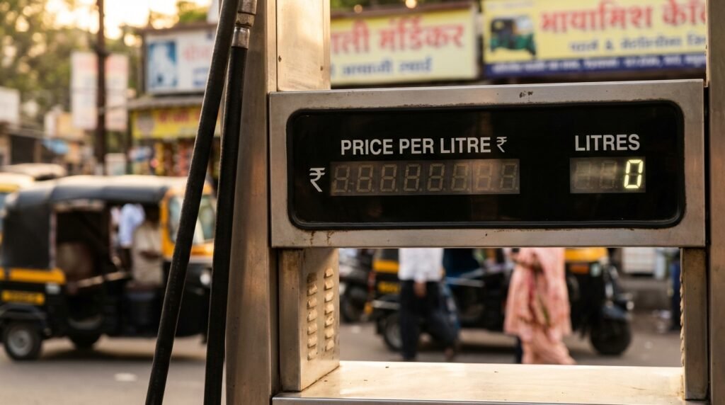 Digital display of petrol price at a fuel station in India.